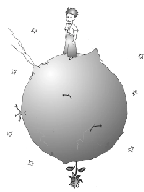 Pequeno Príncipe e rosa em um asteroide de raio muito pequeno em comparação com a Terra.