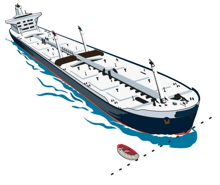 Navio de 50 m alcançando um pequeno bote que navega no mesmo sentido.