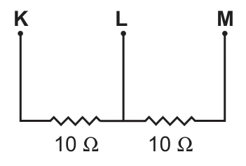Dois resistores de 10 ohms em série, com terminais K, L e M.