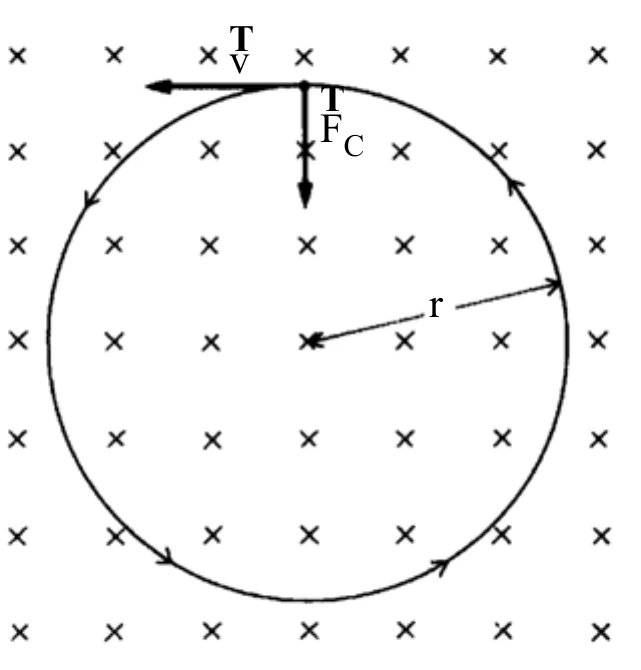 Trajetória circular anti-horária em campo magnético entrando na folha