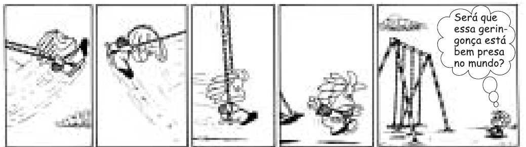 Tirinha de Mafalda: Miguelito em um balanço, que dá a volta e sobe