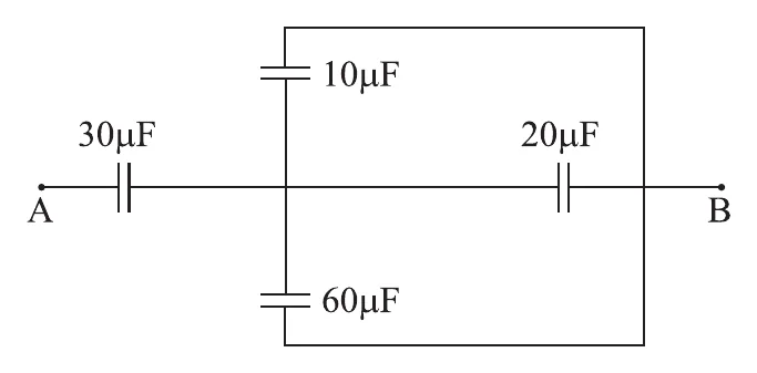 Circuito com capacitor de 30 microfarads em série com três capacitores de 10, 20 e 60 microfarads ligados em paralelo