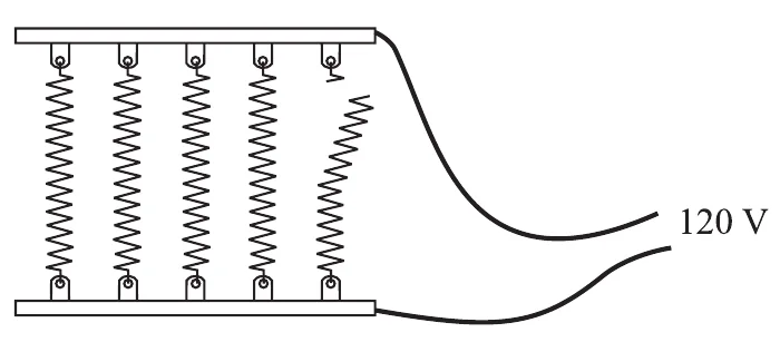 Aquecedor com cinco resistores iguais em paralelo, um deles rompido, alimentado por 120 V