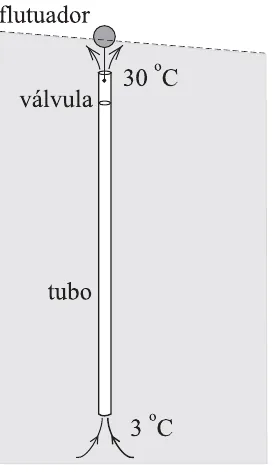 Esquema do tubo vertical no oceano, com flutuador, válvula, água superficial a 30 graus Celsius e água profunda a 3 graus Celsius