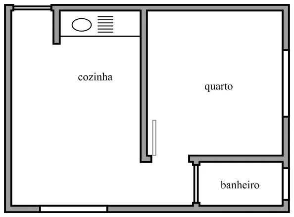 Planta baixa com cozinha, quarto e banheiro, mostrando a passagem aberta entre os ambientes