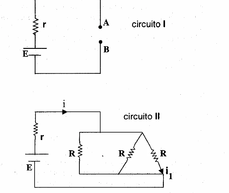 Circuito I: bateria E com resistência interna r em série e terminais A e B abertos. Circuito II: bateria E com resistência interna r alimentando três resistores R em paralelo, com a corrente i1 em um deles