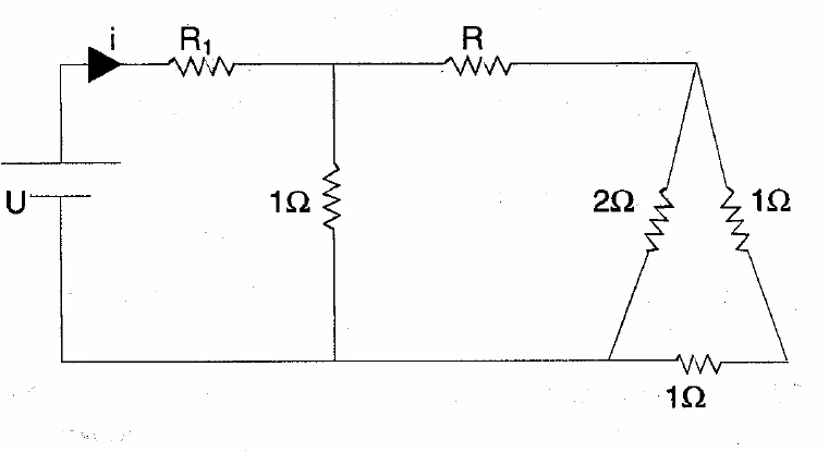 Circuito: gerador de tensão U, corrente i, resistor R1 e resistor R em série; um resistor de 1 Ω entre o nó depois de R1 e o fio de retorno; e, depois de R, um triângulo de resistores: de 2 Ω de um vértice ao retorno e, pelo outro caminho, 1 Ω e depois mais 1 Ω