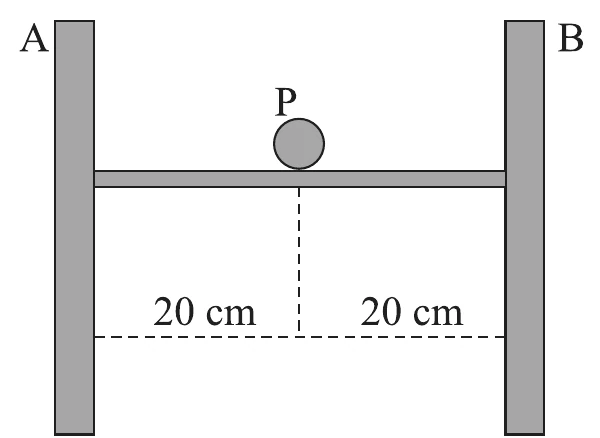 Duas placas verticais, A à esquerda e B à direita, com uma placa horizontal entre elas; a esfera está no ponto P, a 20 cm de cada placa