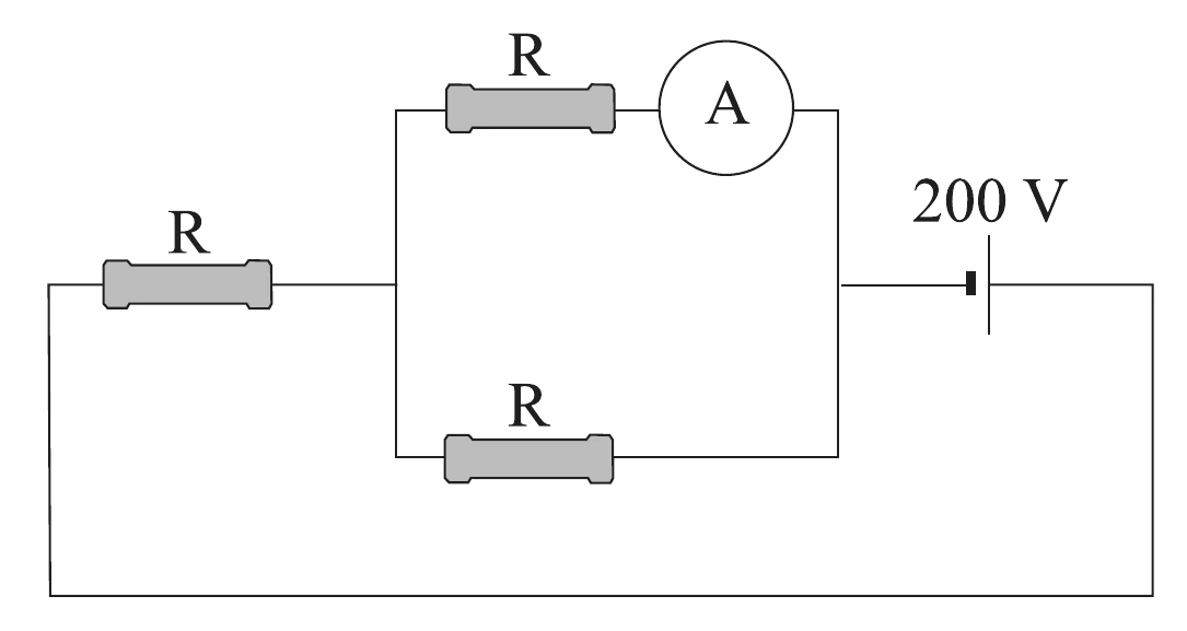 Circuito: gerador de 200 V ligado a um resistor R em série com uma associação em paralelo de dois ramos, um com um resistor R e um amperímetro, e outro com um resistor R