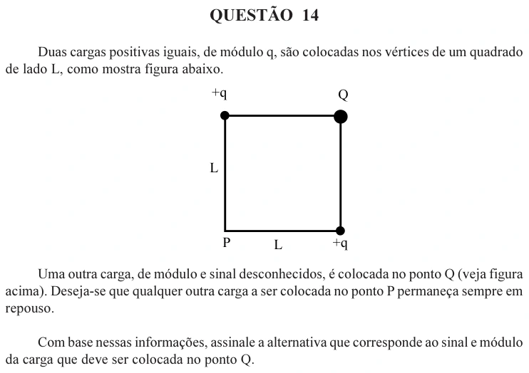 UFU 2004.2, questão 14: QUESTÃO 14 Duas cargas positivas iguais, de módulo q, são colocadas nos vértices de um quadrado de lado L, como mostra figura abaixo. Uma outra carga, de módulo e sinal d