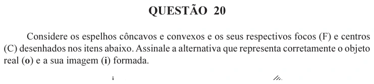 UFU 2004.2, questão 20: QUESTÃO 20 Considere os espelhos côncavos e convexos e os seus respectivos focos (F) e centros (C) desenhados nos itens abaixo. Assinale a alternativa que representa corr