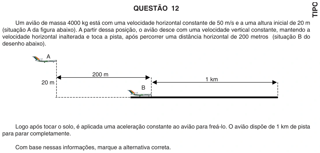 UFU 2007.1, questão 12: QUESTÃO 12 Um avião de massa 4000 kg está com uma velocidade horizontal constante de 50 m/s e a uma altura inicial de 20 m (situação A da figura abaixo). A partir dessa p