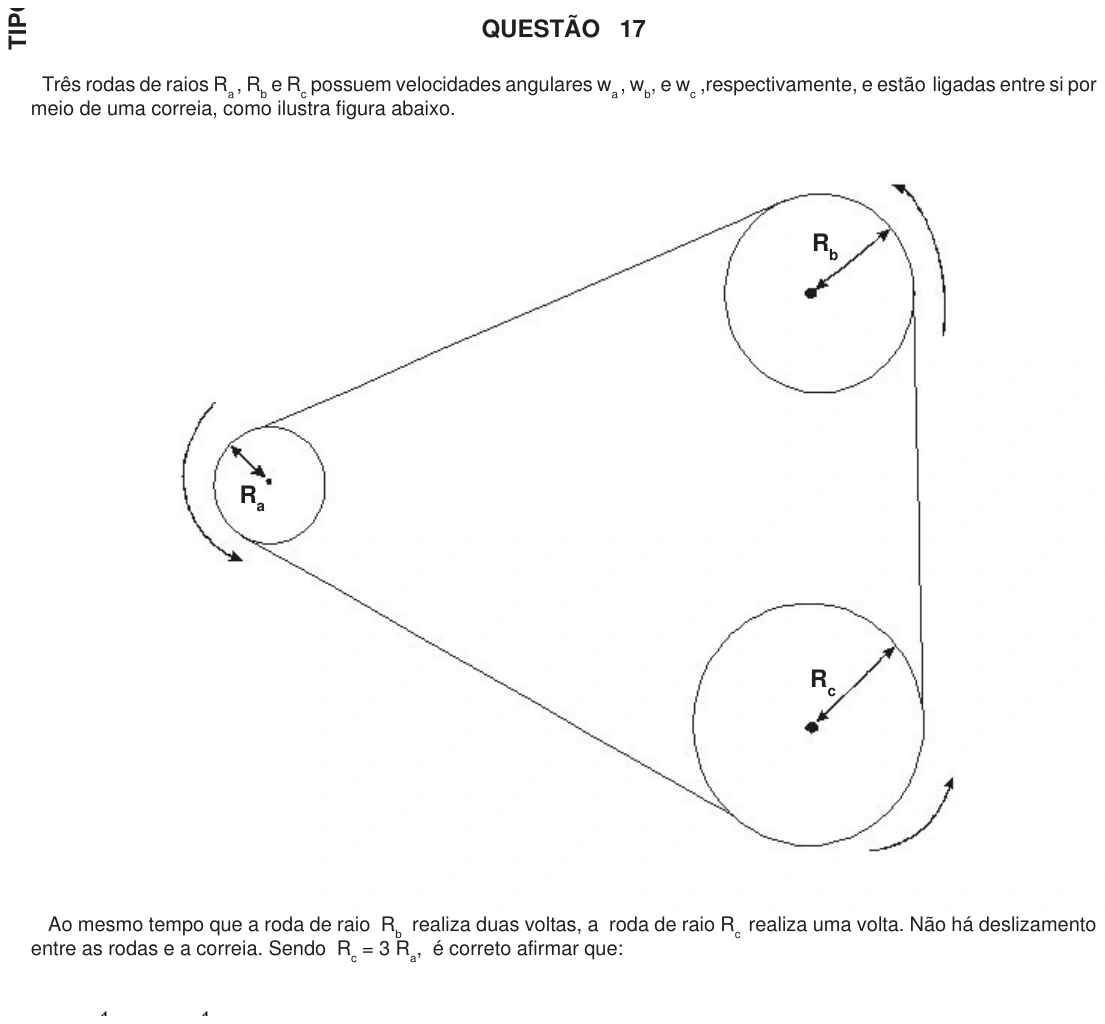 UFU 2007.2, questão 17: QUESTÃO 17 Três rodas de raios Ra , Rb e Rc possuem velocidades angulares wa , wb, e wc ,respectivamente, e estão ligadas entre si por meio de uma correia, como ilustra f