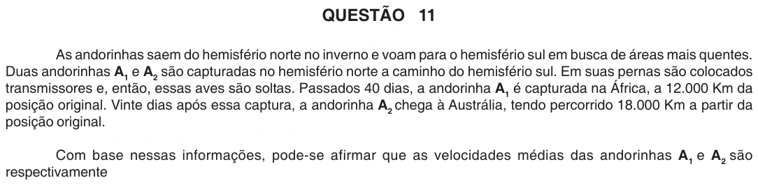 UFU 2008.1, questão 11: QUESTÃO 11 As andorinhas saem do hemisfério norte no inverno e voam para o hemisfério sul em busca de áreas mais quentes. Duas andorinhas A1 e A2 são capturadas no hemisf