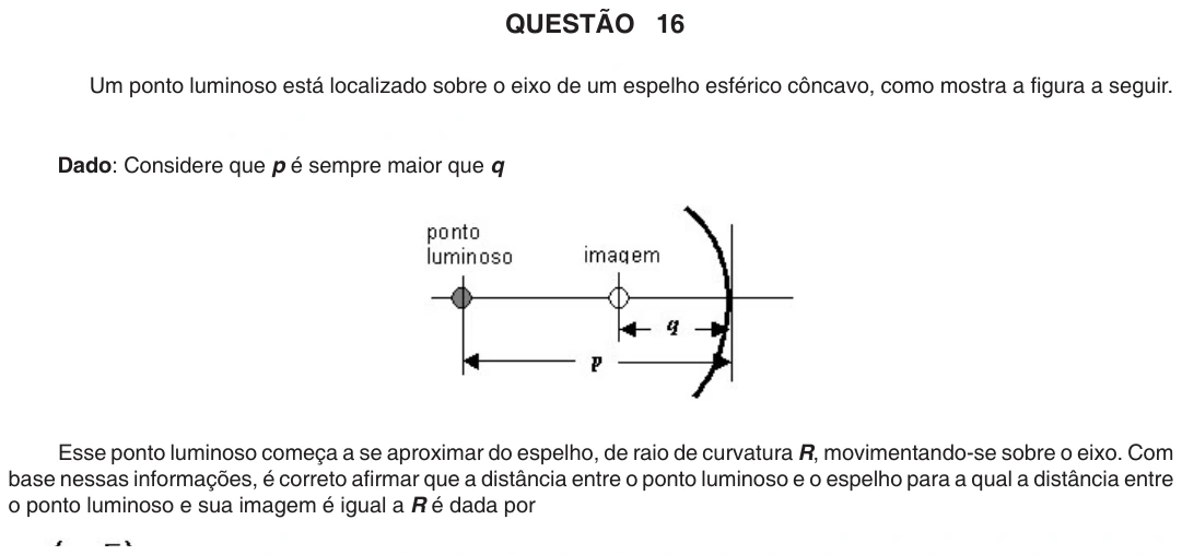 UFU 2008.1, questão 16: QUESTÃO 16 Um ponto luminoso está localizado sobre o eixo de um espelho esférico côncavo, como mostra a figura a seguir. Dado: Considere que p é sempre maior que q Esse p