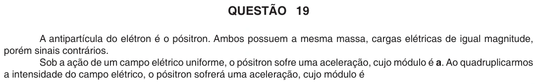 UFU 2008.1, questão 19: QUESTÃO 19 A antipartícula do elétron é o pósitron. Ambos possuem a mesma massa, cargas elétricas de igual magnitude, porém sinais contrários. Sob a ação de um campo elét