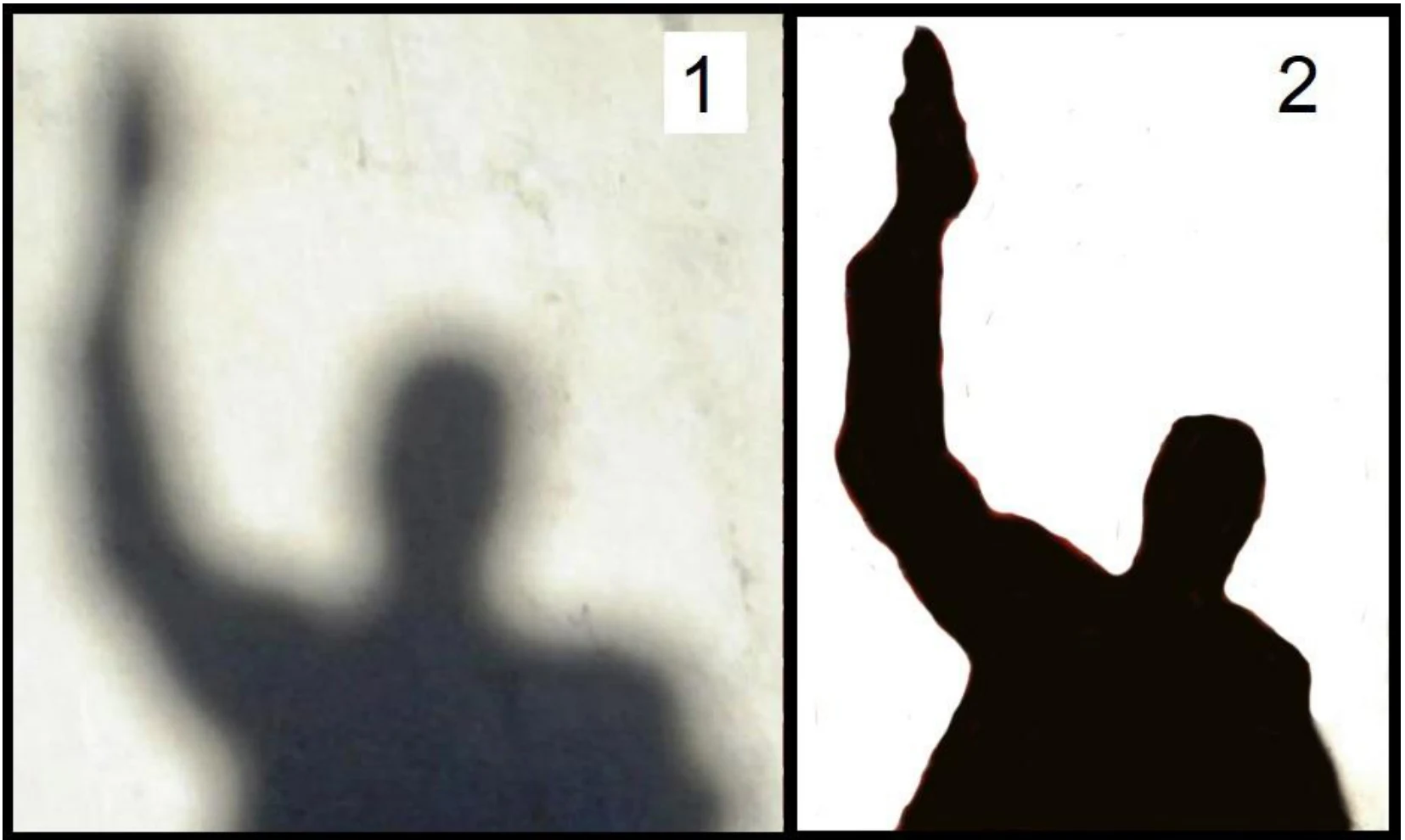 Duas fotos da sombra de uma pessoa com o braço levantado: na foto 1 a sombra é difusa, com contorno borrado; na foto 2, a sombra é nítida e escura
