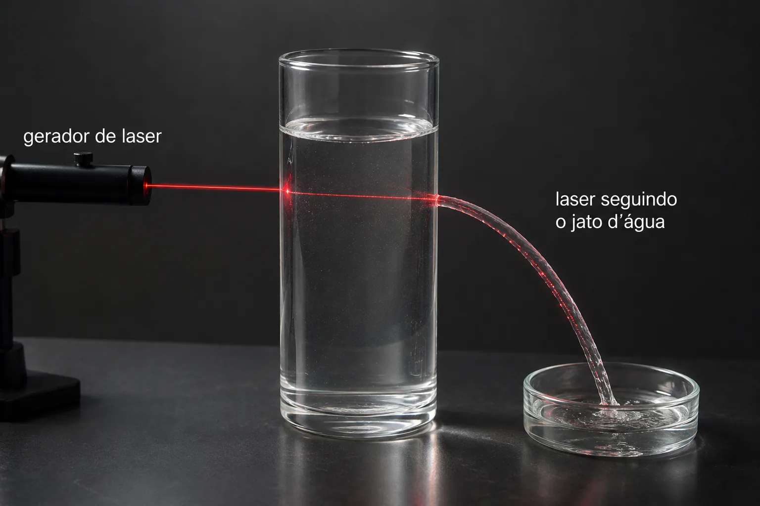 Feixe de laser incidindo dentro de um recipiente com água e seguindo a curvatura do jato de água que sai lateralmente, atingindo o fundo de outro recipiente