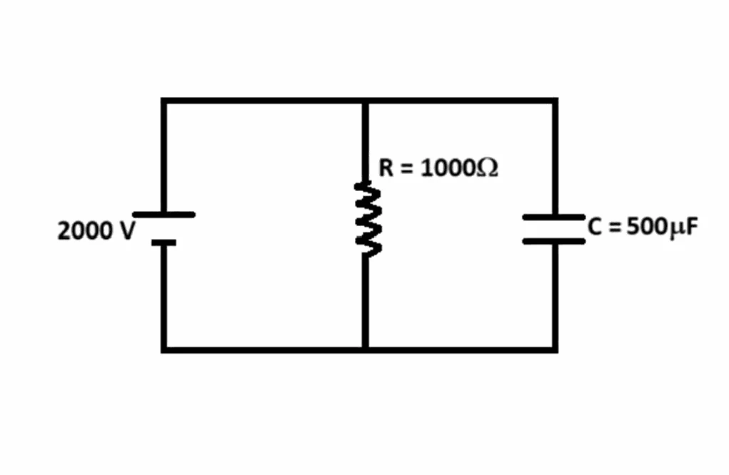 Circuito com fonte de tensão de 2000 V, resistor de 1000 ohms e capacitor de 500 microfarads, todos em paralelo