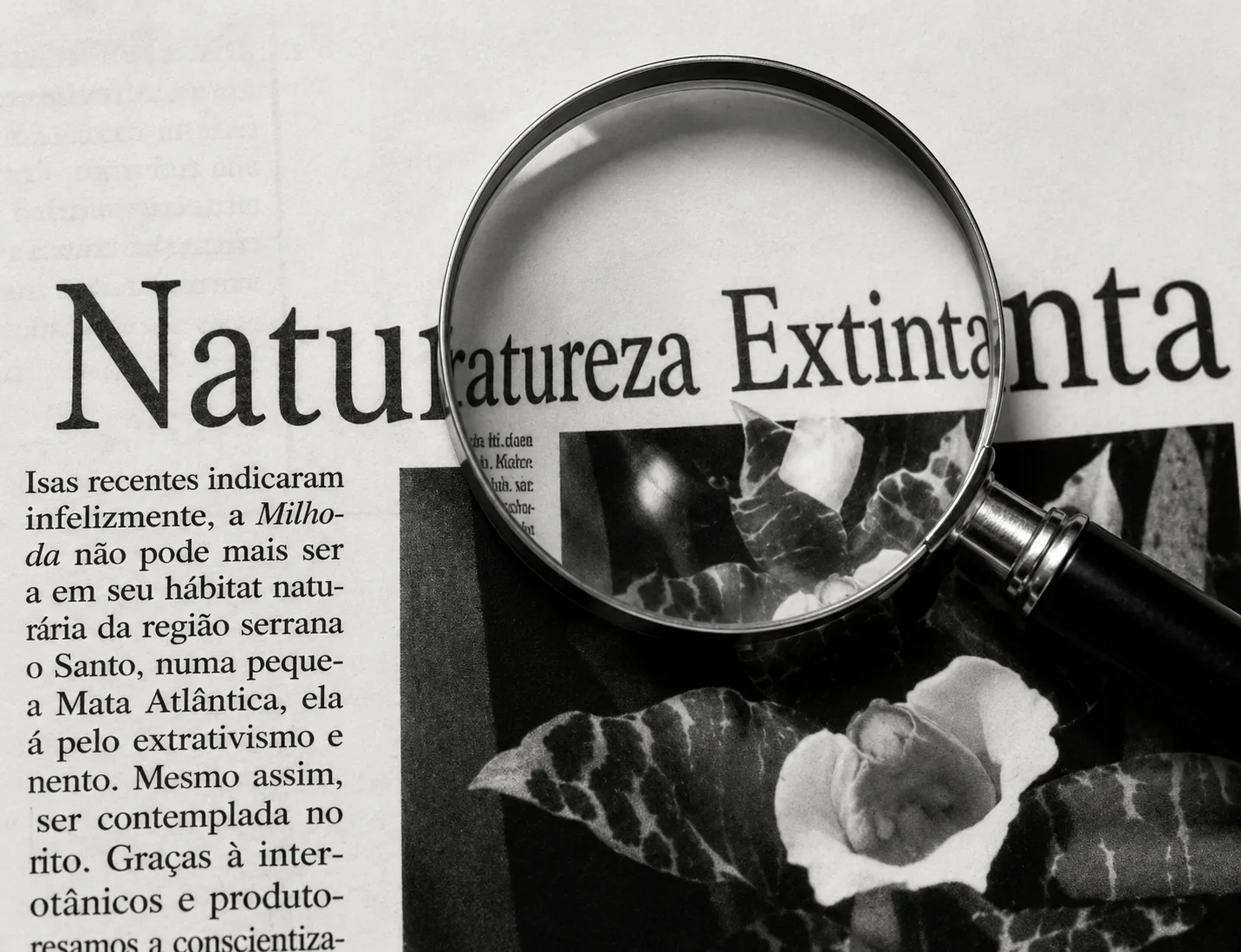 Lupa sobre uma página de jornal, mostrando as letras sob a lente reduzidas em relação ao restante do texto