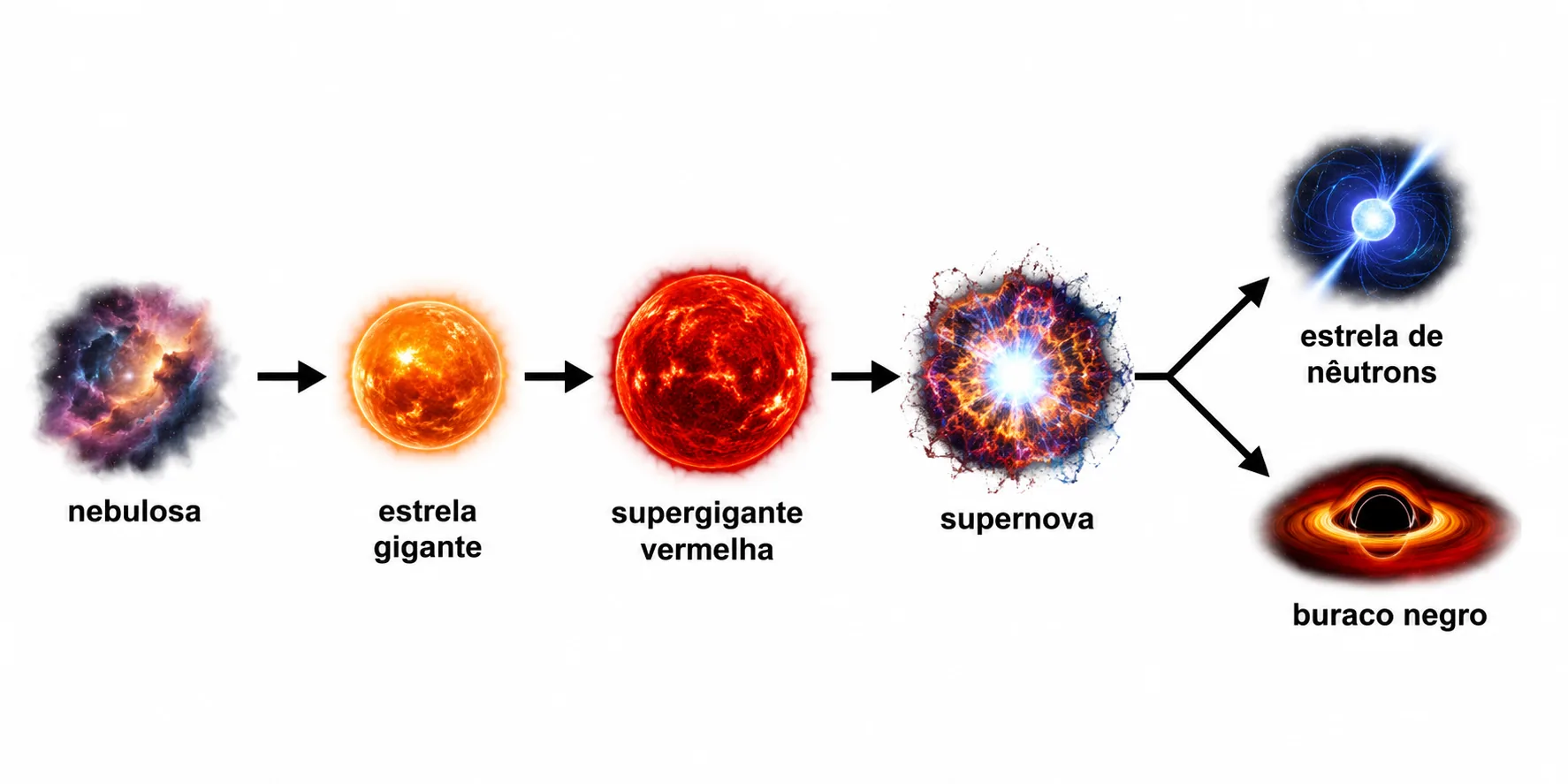 Esquema do ciclo de vida estelar: nebulosa, estrela gigante, supergigante vermelha, supernova, com desfecho em estrela de nêutrons ou buraco negro