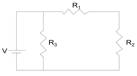 Circuito com R1 e R2 em série num ramo e R3 no outro, ligados à fonte de tensão.