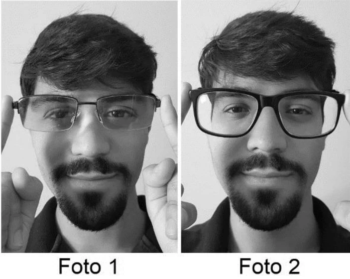 Óculos produzem olhos aparentemente ampliados na foto 1 e reduzidos na foto 2.
