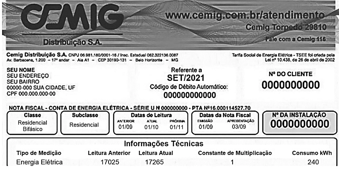 Conta de energia elétrica com consumo mensal de 240 kWh.
