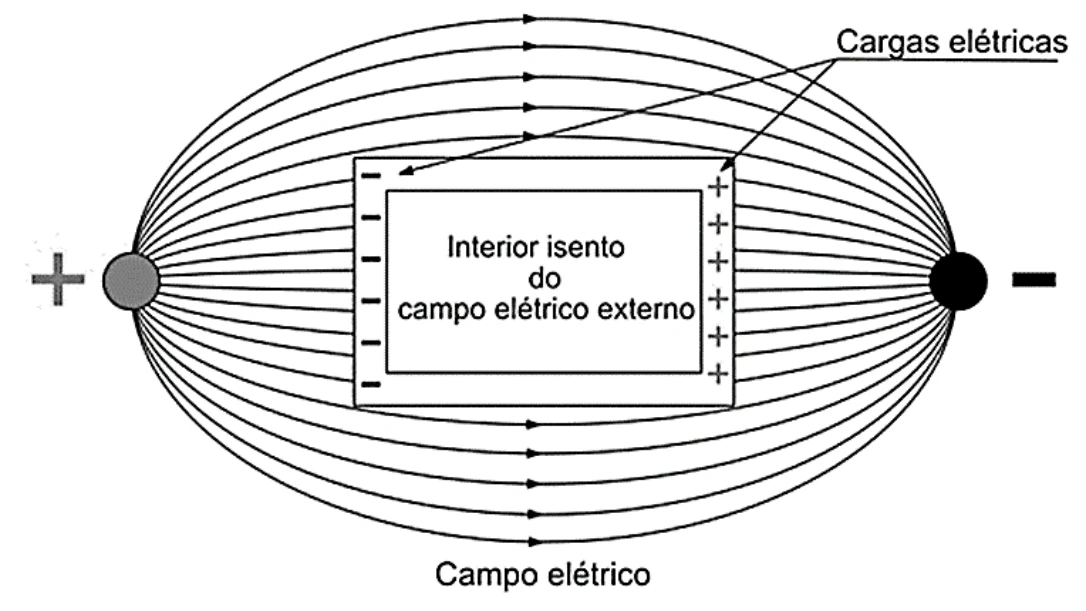 Redistribuição de cargas e linhas de campo em torno de um condutor, com interior isento de campo externo.