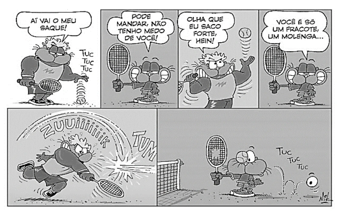 Tirinha de tênis que contextualiza a colisão entre uma bola e uma raquete.