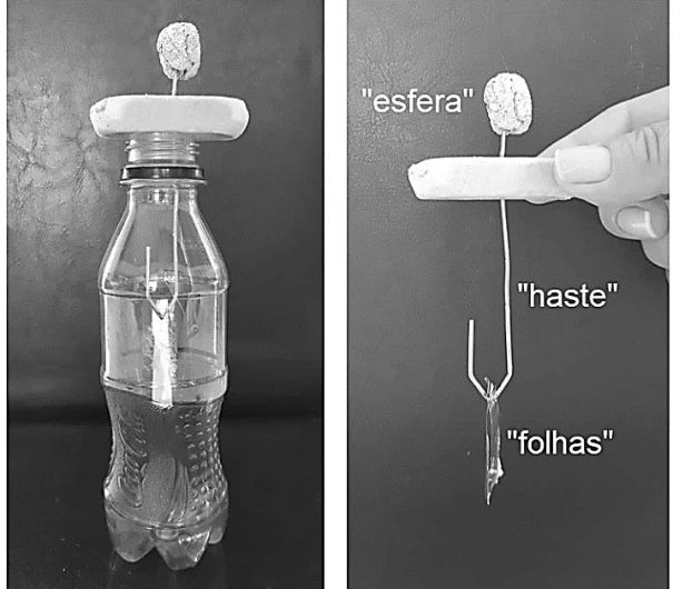 Eletroscópio feito com garrafa PET, esfera condutora, haste e folhas de alumínio.