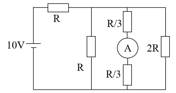 Circuito com fonte de 10 V, resistores R, R/3 e 2R e amperímetro A