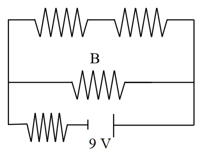 Circuito elétrico com quatro resistores iguais e bateria de 9 V