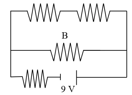 Circuito com quatro resistores iguais e fonte de 9 V