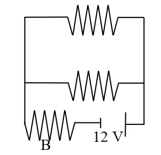 Circuito com três resistores de 2 ohms e fonte de 12 V