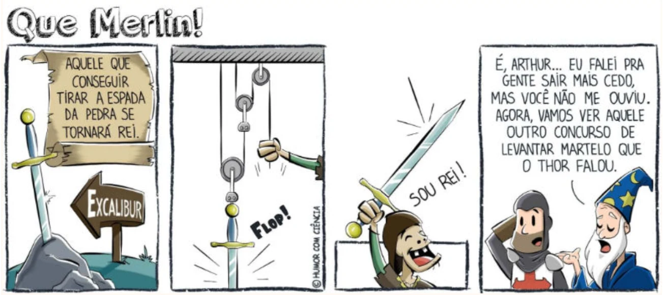 Charge Que Merlin com associação de polias retirando a espada Excalibur