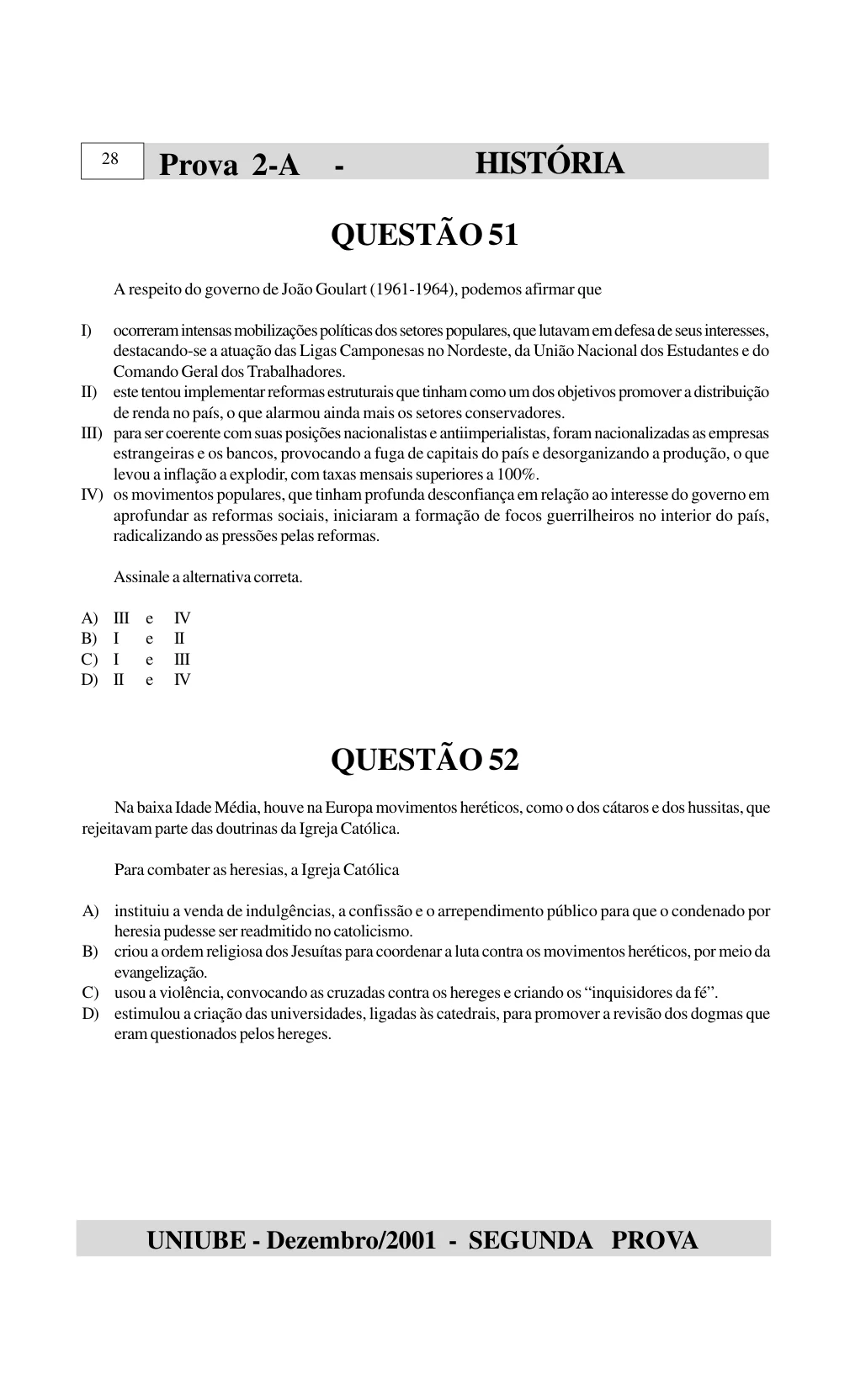 Página 47 do caderno UNIUBE 2002.1, com a questão 50 e suas figuras.