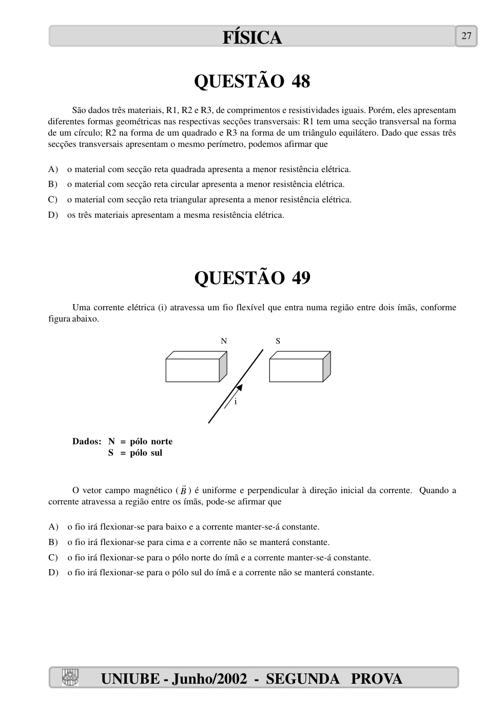 Página 27 do caderno UNIUBE 2002.2, com a questão 47 e suas figuras.