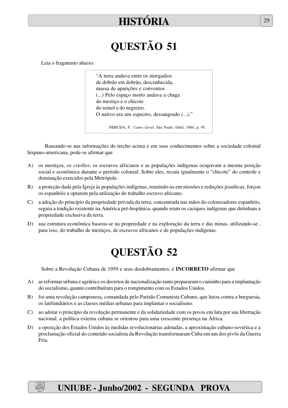 Página 29 do caderno UNIUBE 2002.2, com a questão 50 e suas figuras.