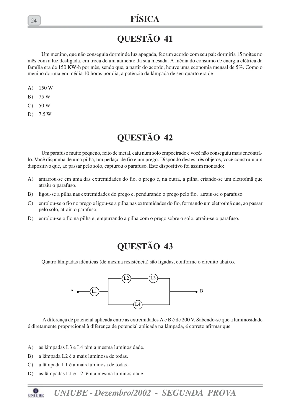 Página 36 do caderno UNIUBE 2003.1, com a questão 41 e suas figuras.