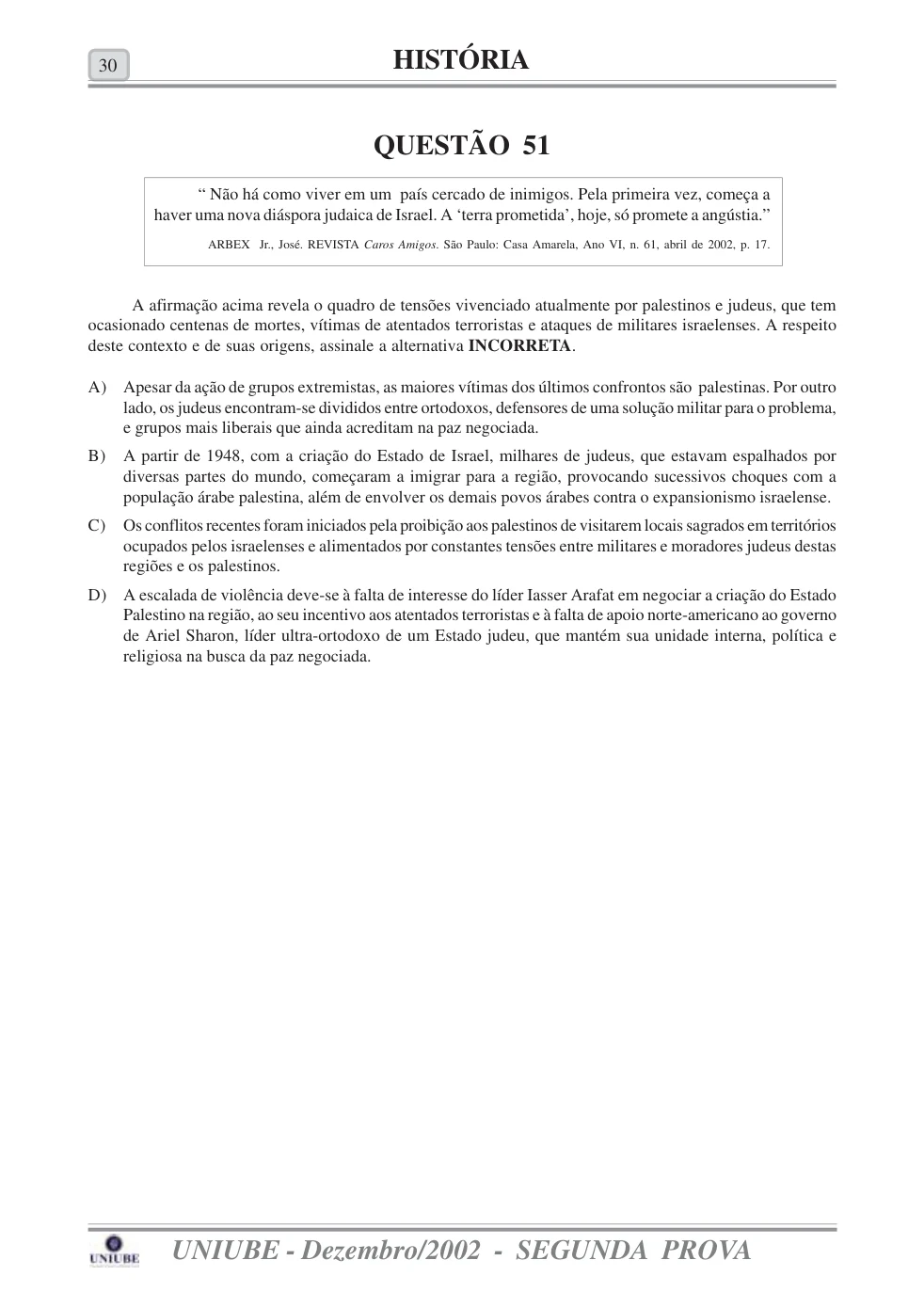Página 41 do caderno UNIUBE 2003.1, com a questão 50 e suas figuras.