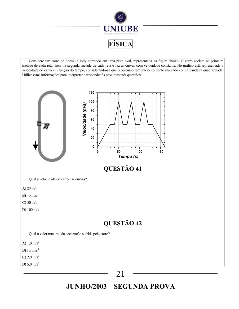 Página 21 do caderno UNIUBE 2003.2, com a questão 41 e suas figuras.
