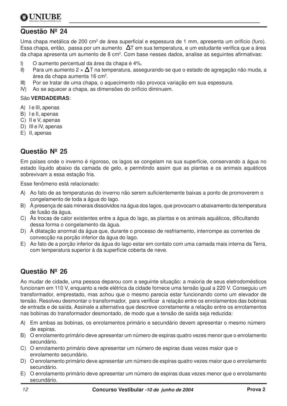 Página 12 do caderno UNIUBE 2005.1, com a questão 23 e suas figuras.