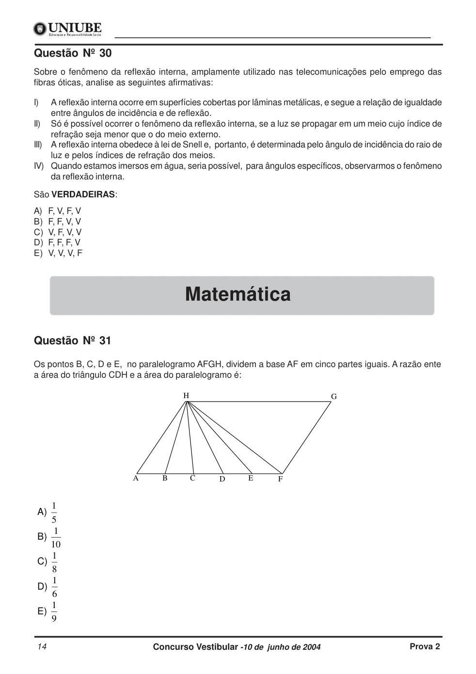 Página 14 do caderno UNIUBE 2005.1, com a questão 29 e suas figuras.