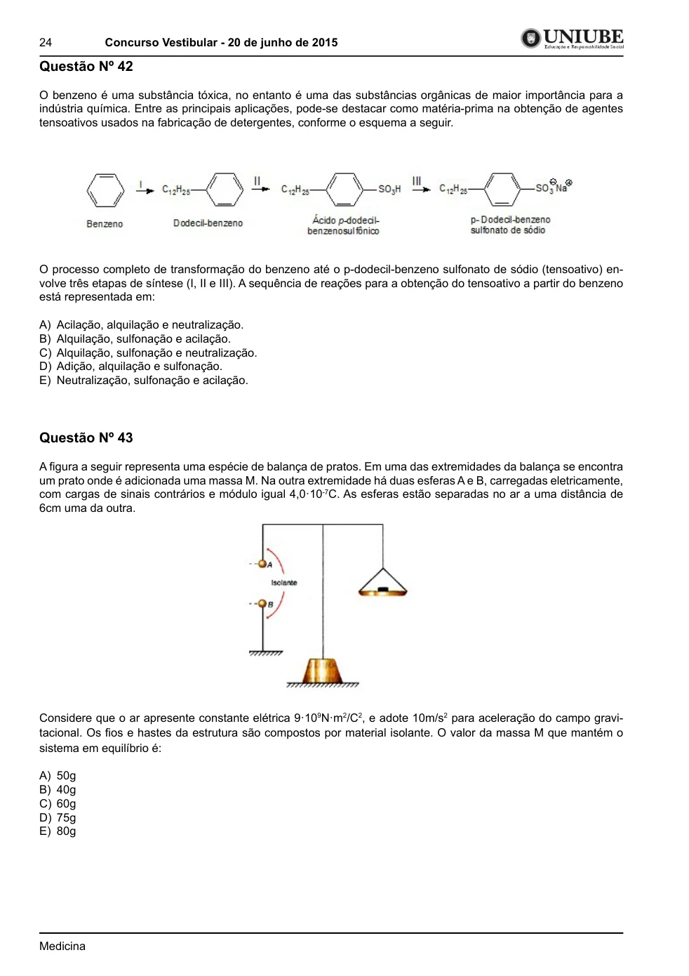 Página 24 do caderno UNIUBE 2015.2, com a questão 43 e suas figuras.