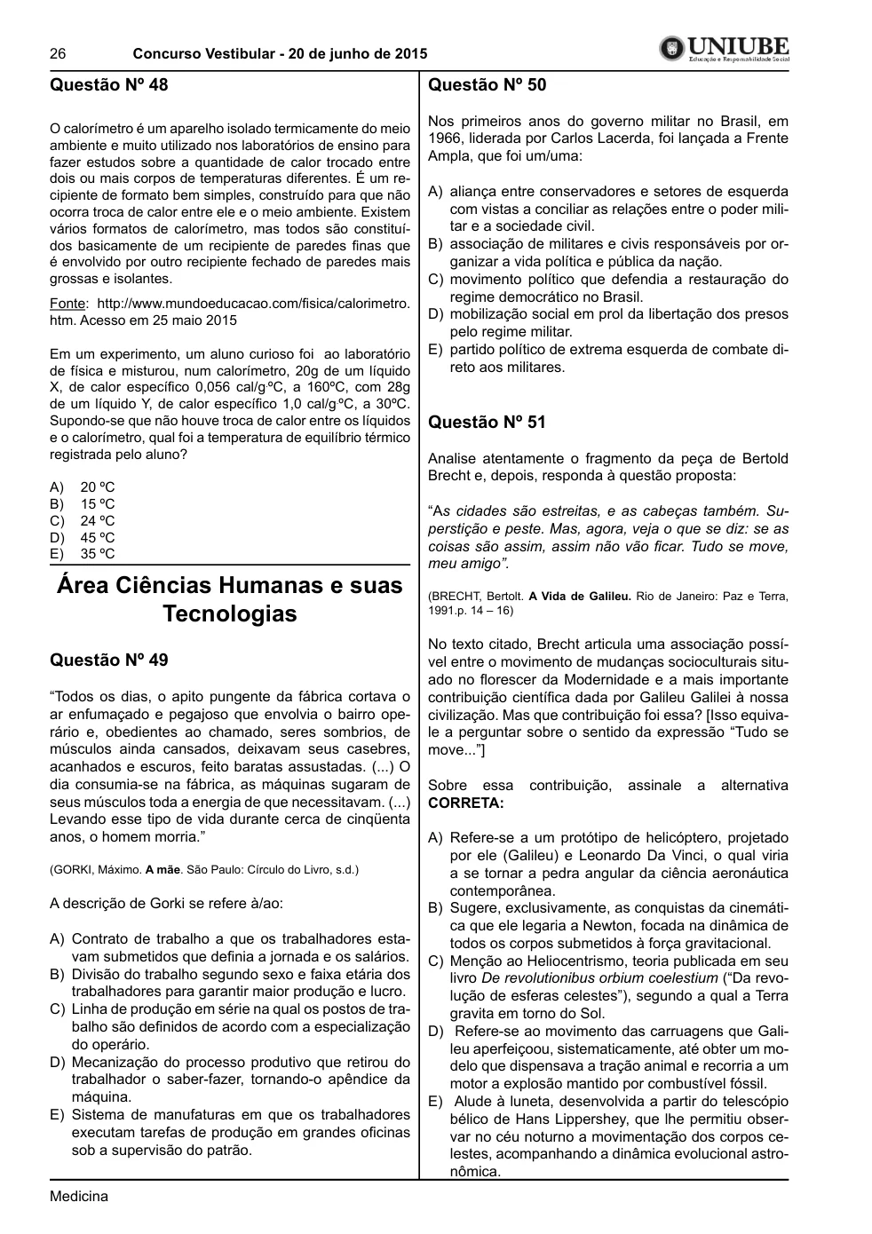 Página 26 do caderno UNIUBE 2015.2, com a questão 47 e suas figuras.