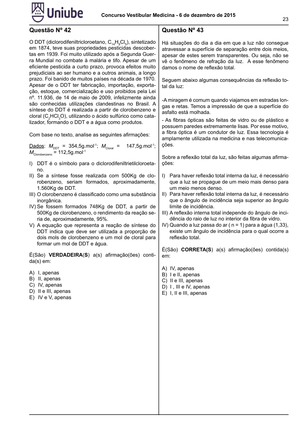 Página 23 do caderno UNIUBE 2016.1, com a questão 43 e suas figuras.