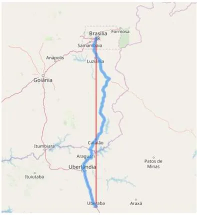 Mapa da viagem de Uberaba a Brasília, passando por Catalão e Luziânia