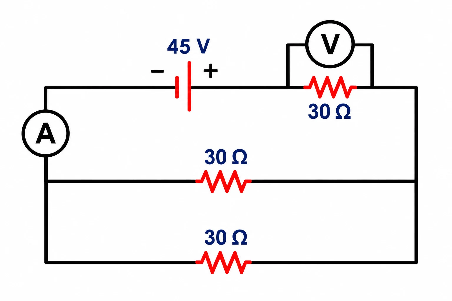 Circuito com bateria de 45 V e três resistores de 30 ohms em paralelo