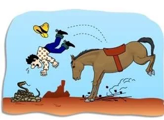 Cavalo freando bruscamente e cavaleiro sendo projetado para a frente
